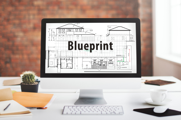 Computer showing site blueprint symbolizing SEO architecture and internal linking.