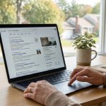 Contractor reviewing local SEO rankings on laptop in Peabody MA office